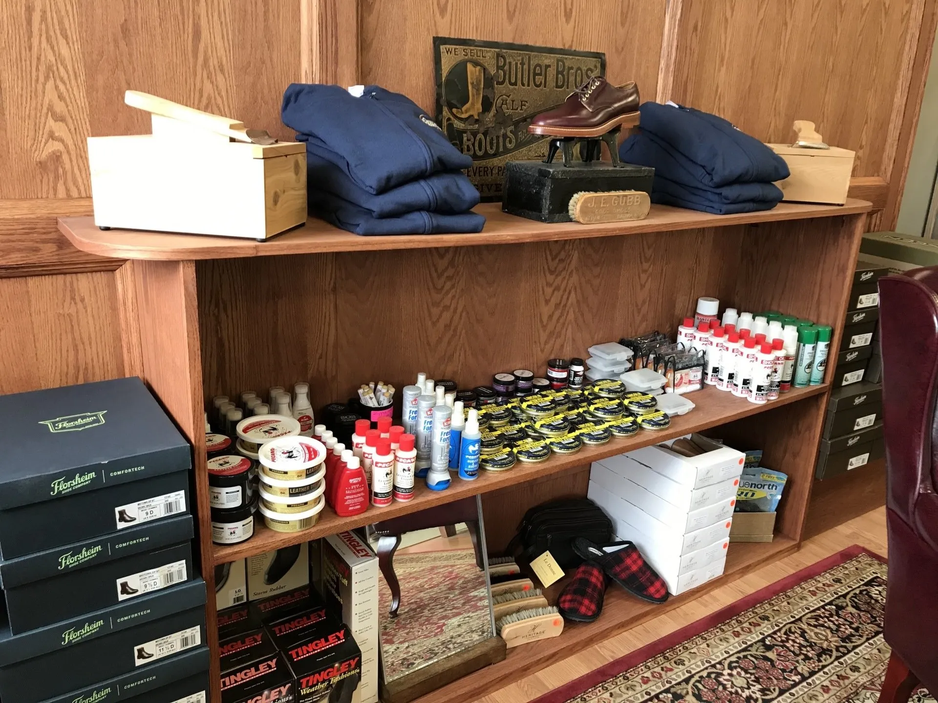Shoe care station with polishes and brushes